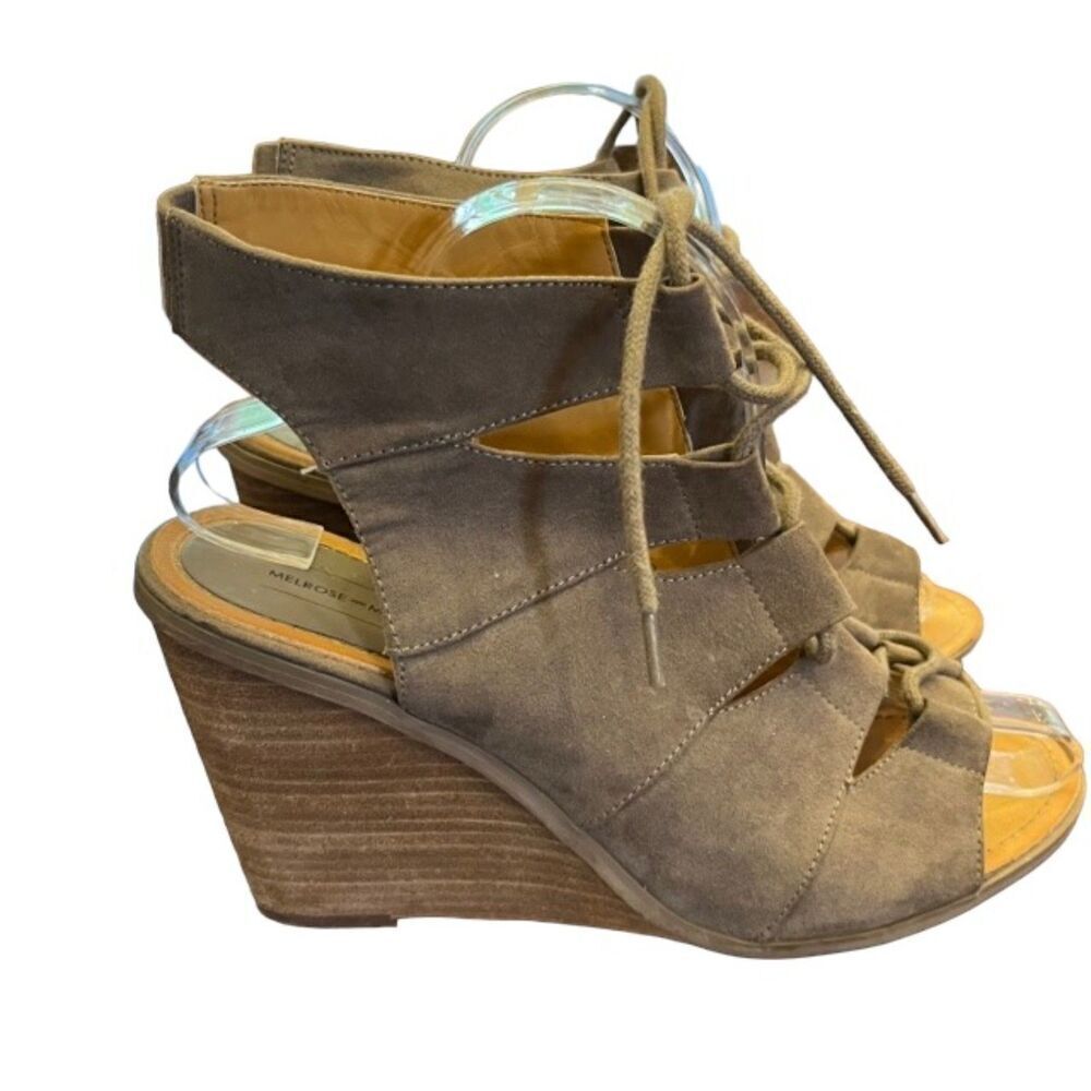 Melrose & Market Calista Wedge Lace Up Sandals Peep Toe Strappy Taupe Beige 10